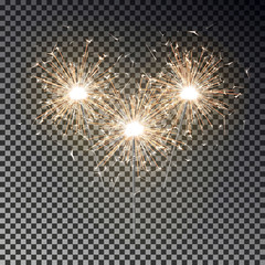 Bengal fire set. New year sparkler candle isolated on transparent background. Realistic vector light