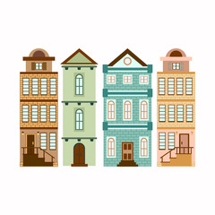 Set of european colorful old houses. Retro style building facades. Vector illustration.
