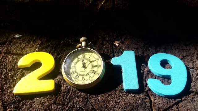 Number 2019 with a clock indicating midnight.
