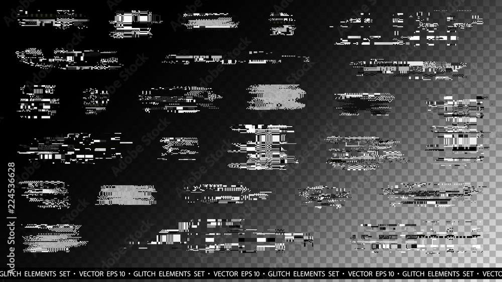 Poster glitch elements set. computer screen error templates. digital pixel noise abstract design. poster de
