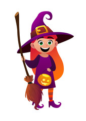 A little girl witch and broom on white background