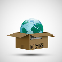 Cargo delivery. Icon cardboard box with planet earth inside.