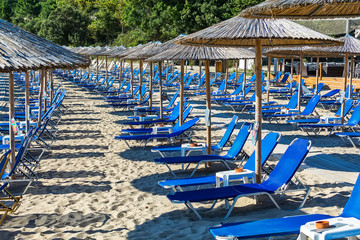 Fototapeta premium Olympiada, Greece - August 11, 2018: Proti Ammoudia beach, one of the most beautiful beaches in the Aegean Sea.