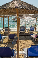 Fototapeta premium Olympiada, Greece - August 11, 2018: Proti Ammoudia beach, one of the most beautiful beaches in the Aegean Sea.