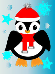 Dibujo animado de pingüino con bufanda y gorra entre copos de nieve