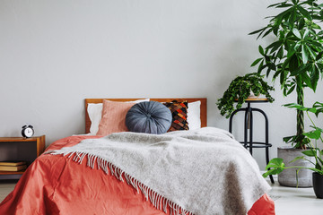 Grey blanket on red bed in natural bedroom interior with plants and wooden cabinet. Real photo