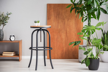 Black table between wooden cabinet and plants in grey living room interior with desk. Real photo