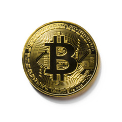 Golden Bitcoin coin on white background. Cryptocurrency.