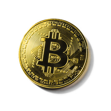Golden Bitcoin coin on white background. Cryptocurrency.