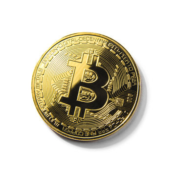 Golden Bitcoin coin on white background. Cryptocurrency.