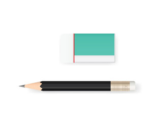 Eraser and pencil on white background with soft shadow. Vector.
