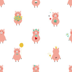 Seamless Pattern With Funny Piglets.
