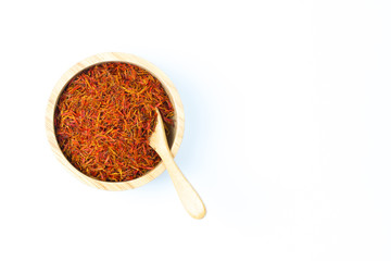 safflower tea in a bowl for reduce chloresterol on white background