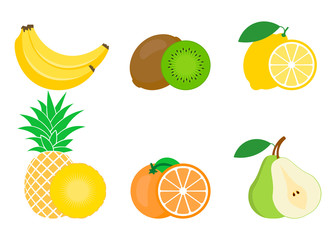 Set of colorful fruits icon: orange, pear, banana, lemon, pineapple, Kiwi. Vector illustration isolated on white.
