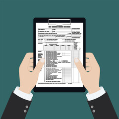 Tax form on the clipboard with magnifying glass. Unfilled minimalistic paper document. Government, State taxes. Payment day. Isolated icon.