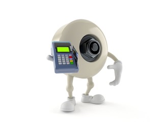 Skateboard wheel character holding credit card reader