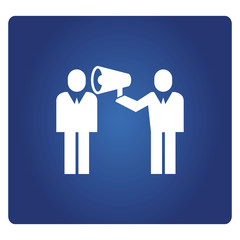 business people holding megaphone icon in blue background