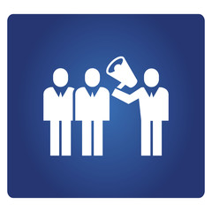 business people holding megaphone and colleague icon in blue background