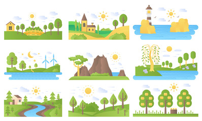 Obraz na płótnie Canvas Vector mini landscapes icons set. Ecology nature and travel. Lake and river, sea and sun, mountain and lighthouse, summer forest park tree. Flat illustration collection for labels, logo or emblems.