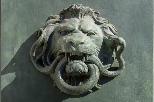 A lion and snake bronze door knocker  from a Paris monumental door  (18th century)