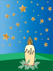 Ilustración de vela de la Navidad en el paisaje campestre y  cielo estrellado.