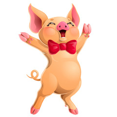 Joyful pink pig head and red bow on white