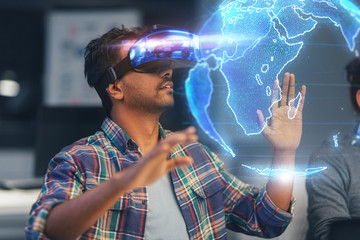 deadline, augmented reality and technology concept - creative man with virtual headset or vr...