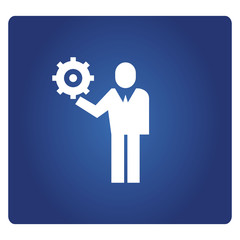 business people holding gear icon in blue background