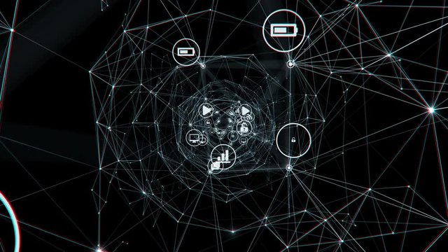 Flying Through the Digital Tunnel of Links with Changing Icons on Black Background. Beautiful Looped 3d Animation. Digital Technology and Information Concept. 4k Ultra HD 3840x2160.