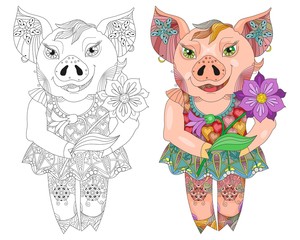 Contour drawing pig with flower for decoration