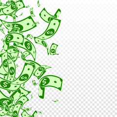 American dollar notes falling. Messy USD bills on transparent background. USA money. Cool vector ill