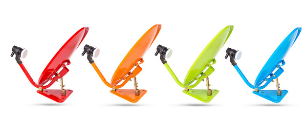 collection of four color satellite dishes on white background
