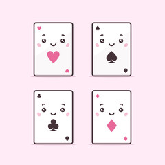 Cute playing poker card characters. Four suits - hearts,spades,clubs and diamonds. Kawaii styled vector illustration