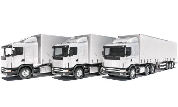 Front View of Lined up Semi Trailer Trucks 3d rendering