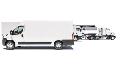 Delivery Van with a Semi Trailer and a Tanker Truck 3d rendering
