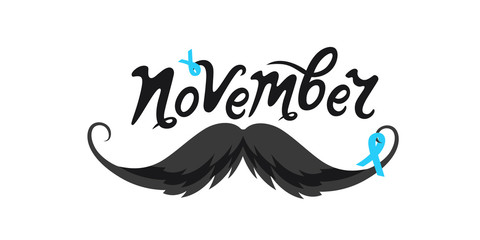 November hand drawn lettering. Mustache with blue ribbon. Prostate cancer.