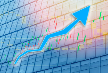 Composing with business building and stock chart (blue bull chart  on background 