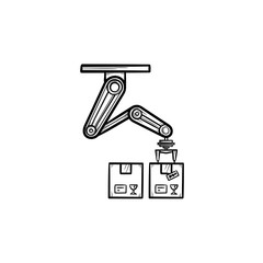 Robotic arm picks a box in manufacturing process hand drawn outline doodle icon
