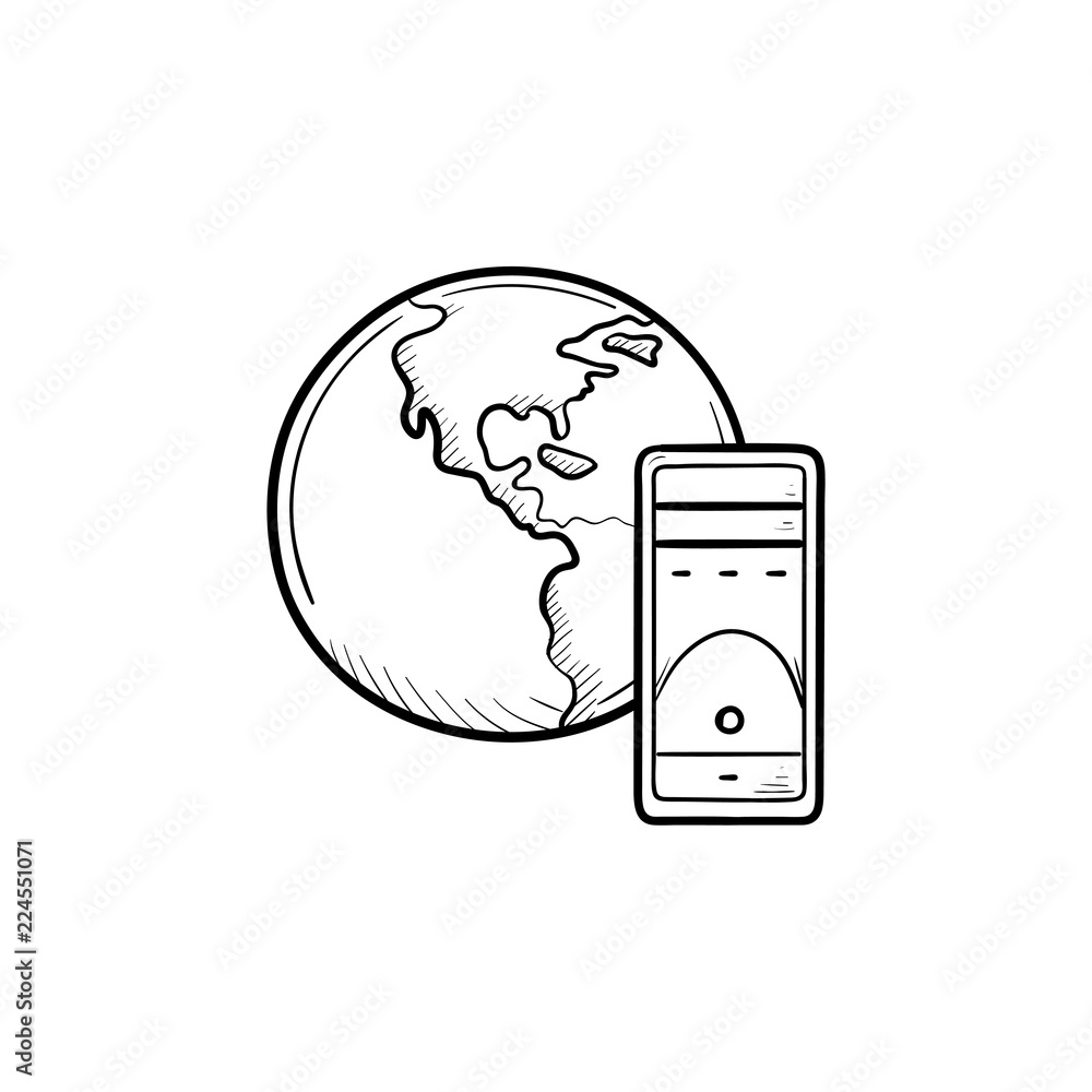 Poster globe and server hand drawn outline doodle icon. global computing, networking technology, data conce
