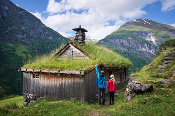 Mountain farms along the Geirangerfjorden fjord, Norway