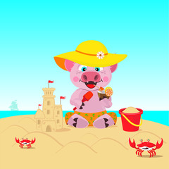 Pig resting on the beach, building a sand castle. Vector illustration on the theme of rest.