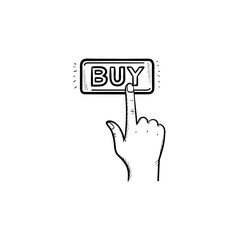 Finger clicks on buy button hand drawn outline doodle icon. E-commerce, purchase, online shopping apps concept. Vector sketch illustration for print, web, mobile and infographics on white background.