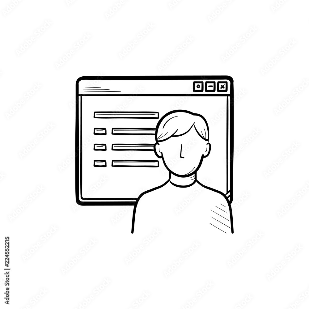 Poster browser window with social network webpage hand drawn outline doodle icon. chat and internet message