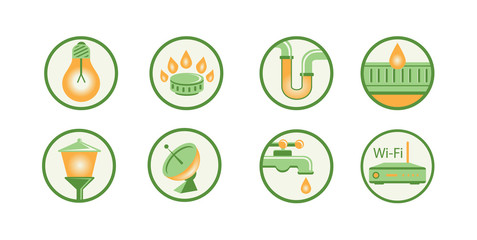 Icons outline, silhouette. Communications, construction, water supply, Internet, gas, water, light, lighting