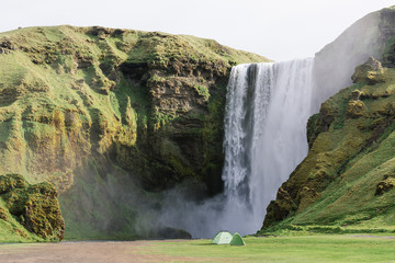 Camping near the waterfall Skogafoss, Iceland