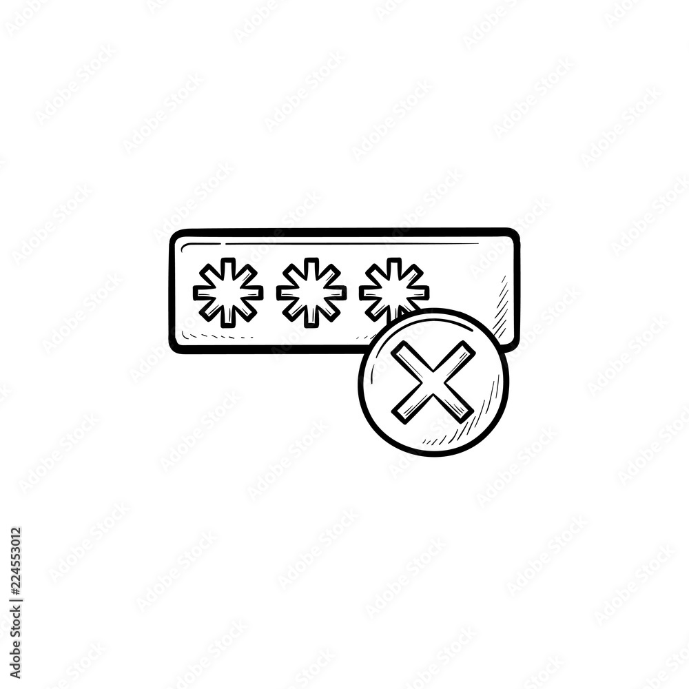 Poster entering login and fail hand drawn outline doodle icon. user access, security and wrong login concep