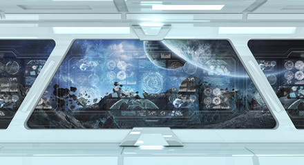White spaceship interior with control panel digital screens 3D rendering