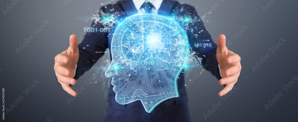 Poster businessman creating artificial intelligence 3d rendering