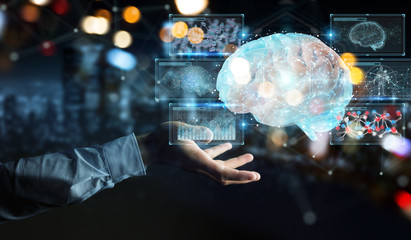 Businessman using digital 3D projection of a human brain 3D rendering