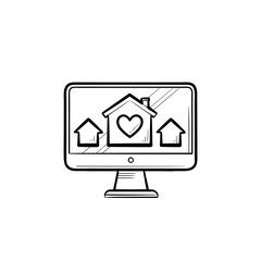 Computer monitor with houses and house with heart hand drawn outline doodle icon. Real estate website concept. Vector sketch illustration for print, web, mobile and infographics on white background.